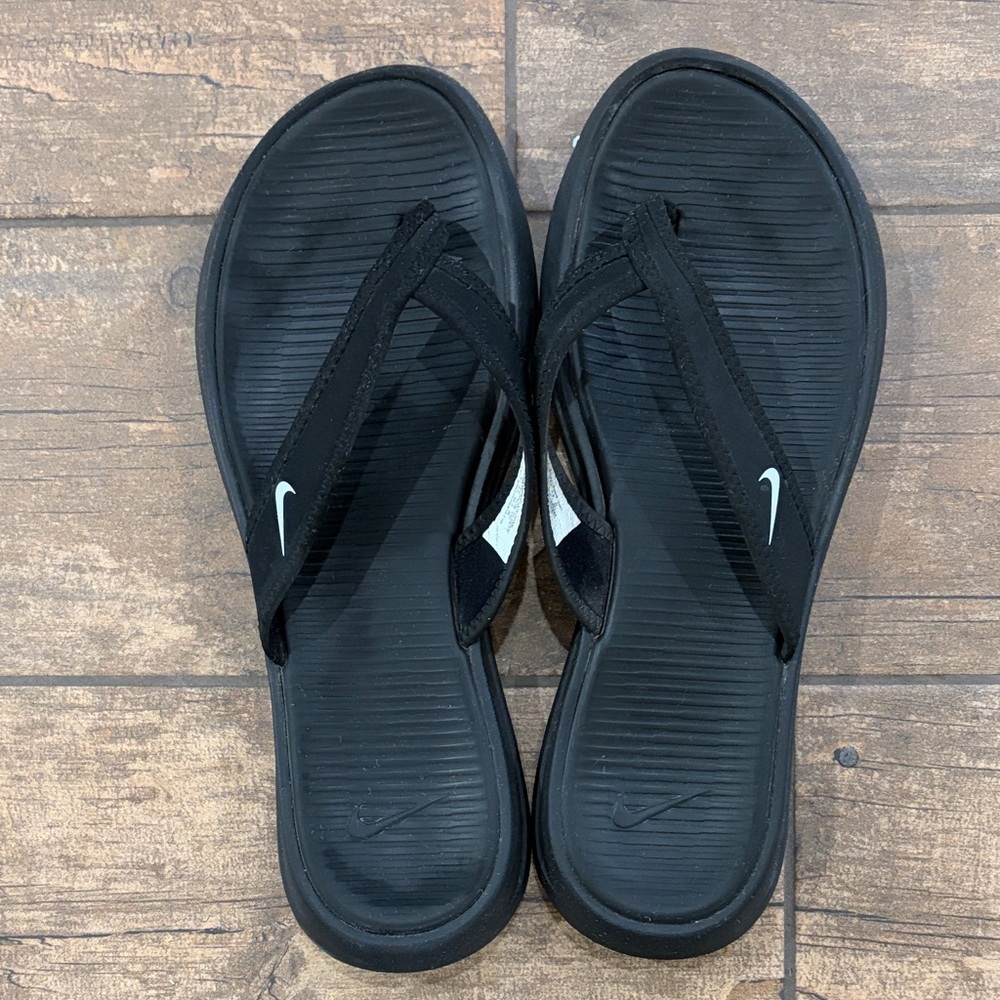 Nike Black Flip Flop Sandals with White Swoosh